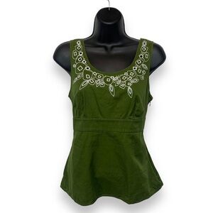 Ann Taylor Loft Olive Green & White Embroidered Tank